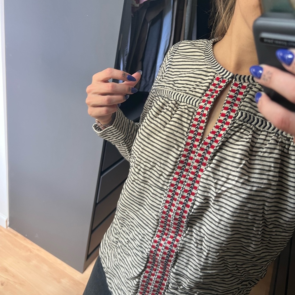 J. Crew Striped Blouse with Red Accents